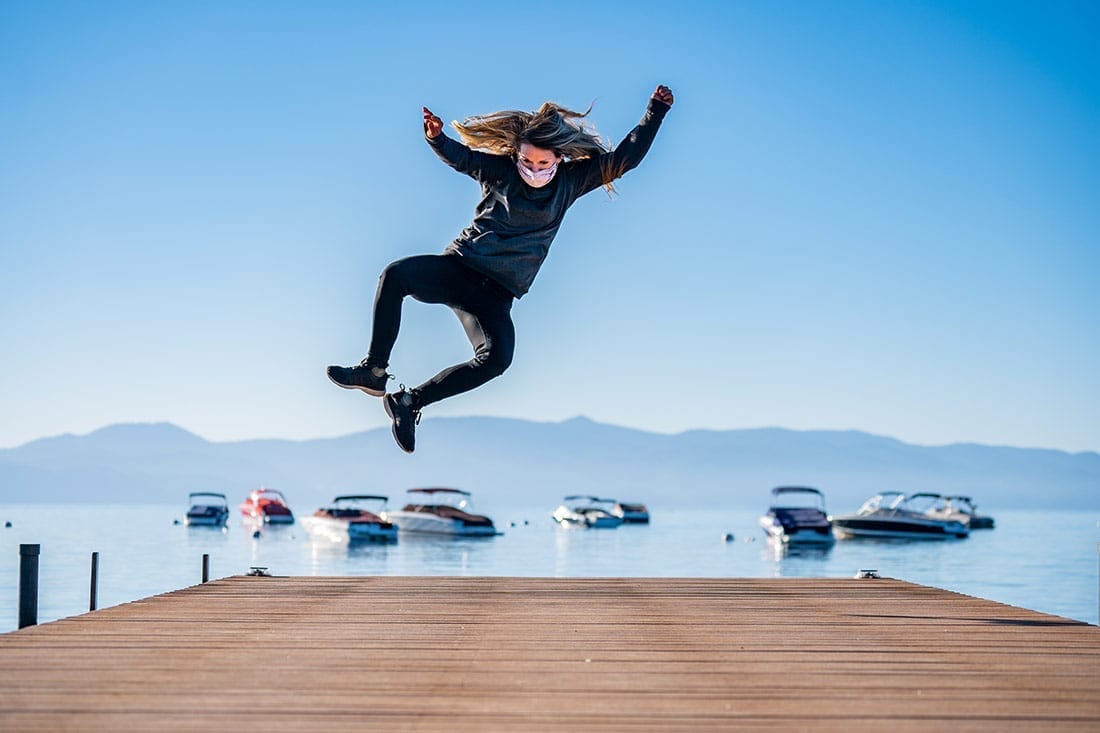 Michelle Parker jumping at Lake Tahoe